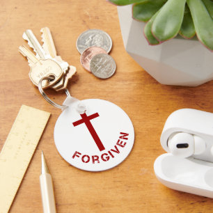 Christian Forgiven Red Cross and Text Design Key Ring