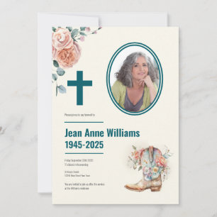 Christian Funeral Cowgirl Boot & Roses   4 Photo Invitation