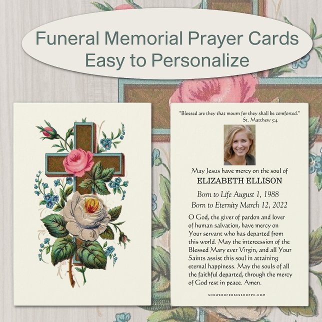 Christian Funeral Memorial Scripture Prayer Card (Christian Catholic Funeral Memorial Prayer Cards with Scripture verse & roses)