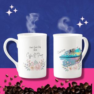 Christian gift, coffee & prayer text, name, floral bone china mug