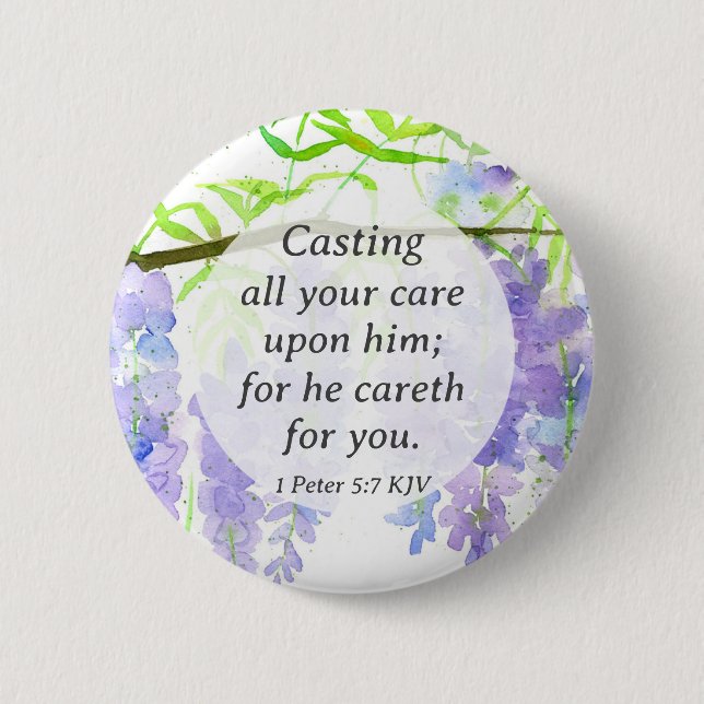 Christian Gift Scripture 1 Peter He Cares Wisteria 6 Cm Round Badge (Front)
