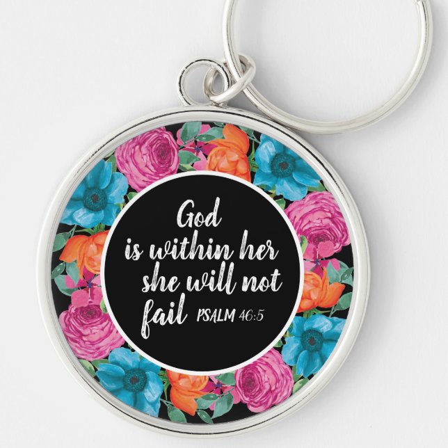 Christian God is Within Her Colourful Floral Black Key Ring (Front)