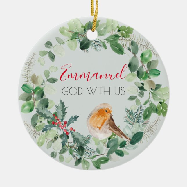 Christian God With Us Elegant Christmas Wreath Ceramic Ornament (Front)