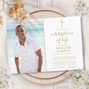 Christian Gold Celebration of Life Funeral Photo Invitation