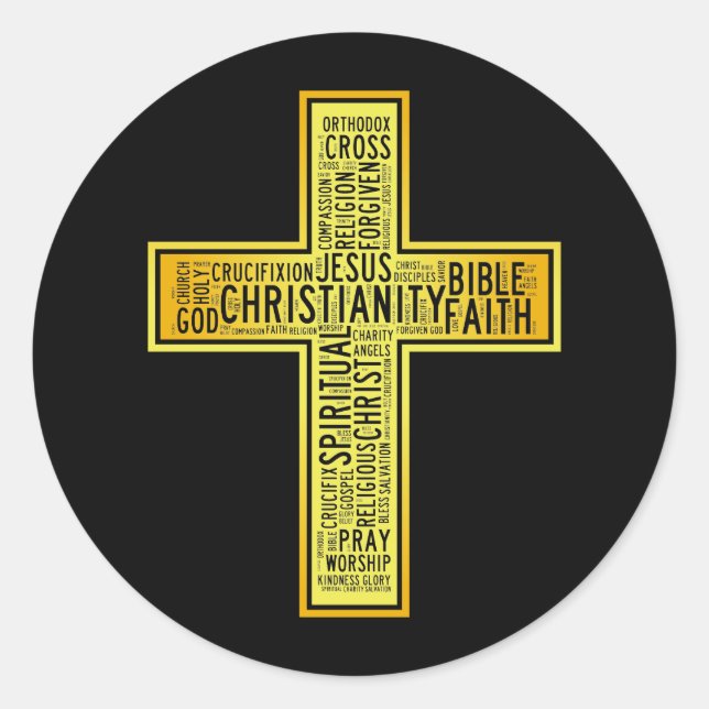 Christian gold cross - text design classic round sticker (Front)