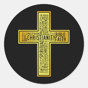Christian gold cross - text design classic round sticker