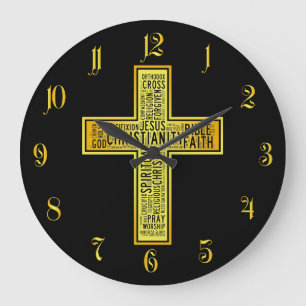 Christian gold cross - text design large clock