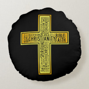 Christian gold cross - text design round cushion