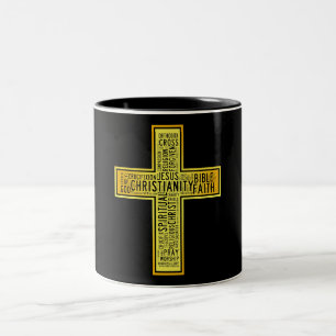 Christian gold cross - text design Two-Tone coffee mug