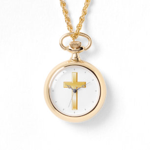 Christian Gold Cross Watch Necklace 