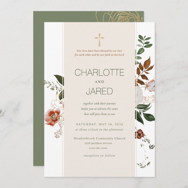 Christian Green & Burgundy Floral Wedding Invitation (Front/Back)