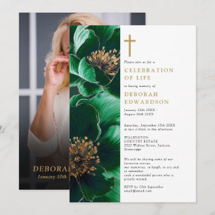 Christian Green Floral Celebration Of Life Photo Invitation