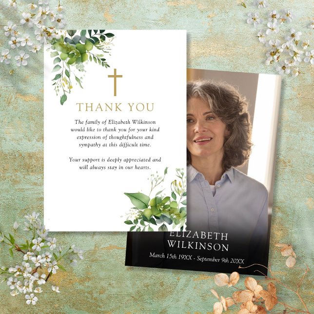 Christian Greenery Memorial Funeral Photo Thank You Card (Christian Greenery Memorial Funeral Photo)