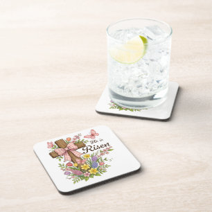 Christian- He is Risen Floral Cross Religious Coaster