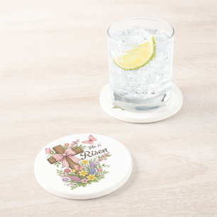 Christian- He is Risen Floral Cross Religious Coaster