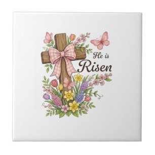 Christian- He is Risen Floral Cross Religious East Ceramic Tile
