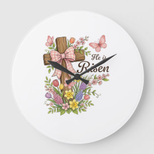 Christian- He is Risen Floral Cross Religious East Large Clock