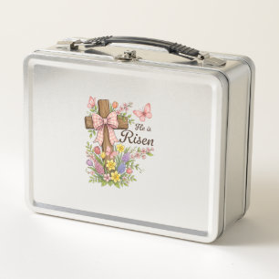 Christian- He is Risen Floral Cross Religious East Metal Lunch Box