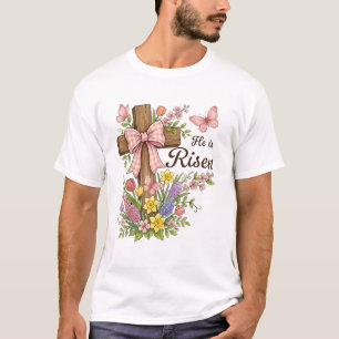 Christian- He is Risen Floral Cross Religious East T-Shirt