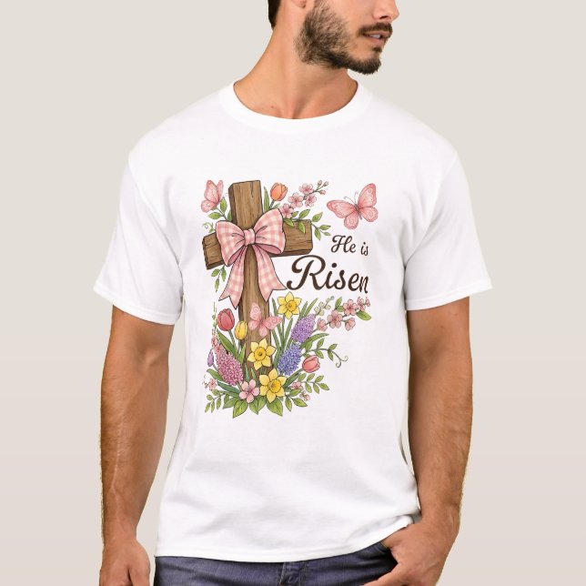 Christian- He is Risen Floral Cross Religious East T-Shirt (Front)