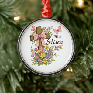 Christian- He is Risen Floral Cross Religious Metal Ornament