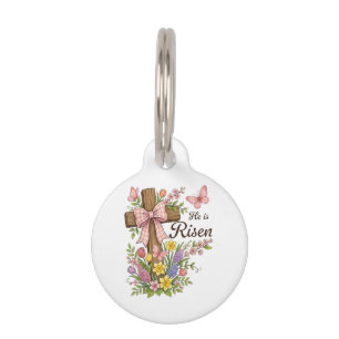 Christian- He is Risen Floral Cross Religious Pet Tag