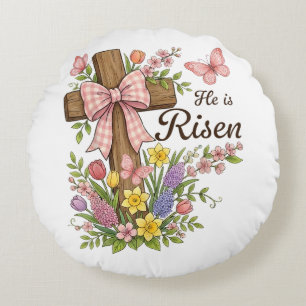 Christian- He is Risen Floral Cross Religious  Round Cushion