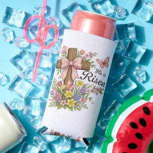 Christian- He is Risen Floral Cross Religious Seltzer Can Cooler