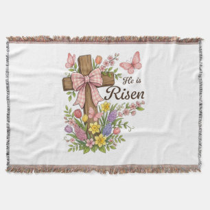 Christian- He is Risen Floral Cross Religious Throw Blanket