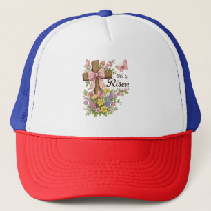 Christian- He is Risen Floral Cross Religious  Trucker Hat