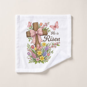 Christian- He is Risen Floral Cross Religious Wash Cloth