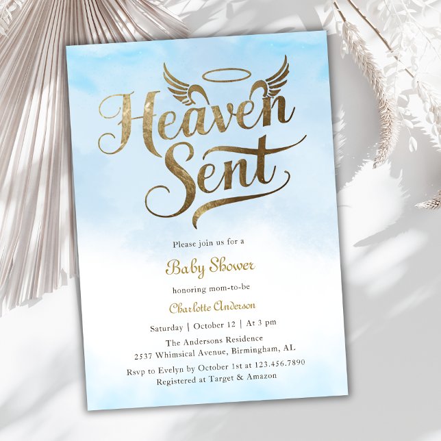 Christian Heaven Sent Blue Clouds Boy Baby Shower Invitation (This "Heaven Sent" Baby Shower Invitation captures the essence of an angel-themed celebration)