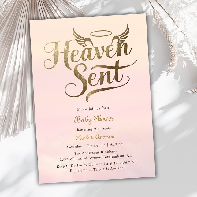 Christian Heaven Sent Pink Clouds Girl Baby Shower Invitation (Elegant "Heaven Sent" girl's baby shower invitation)