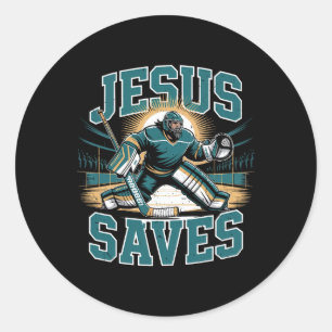 Christian Hockey Jesus Saves Goalie Humor Religiou Classic Round Sticker