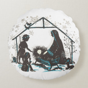 Christian Holy Baby Jesus Christmas Nativity Scene Round Cushion