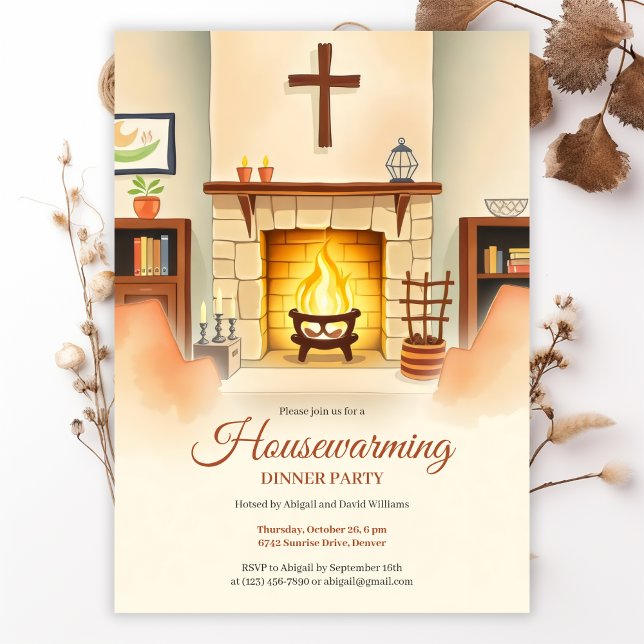 Christian Housewarming Cosy Fireplace Dinner Party Invitation (Christian Housewarming Invitation Cozy Fireplace Dinner Party Card Invitation)