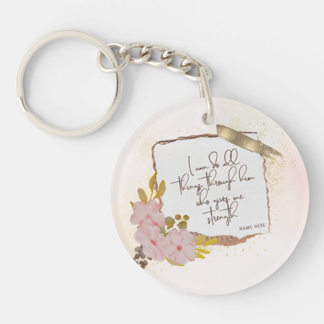 Christian Inscribed Scripture Elegant Gold Glitter Key Ring (Front)