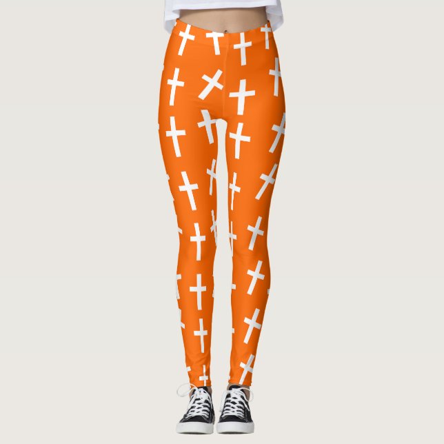 Christian Jesus cross orange pattern Leggings (Front)