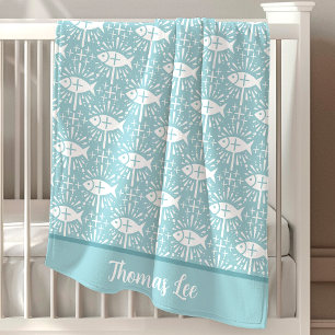 Christian Jesus Fish Blue Personalised Baby Blanket