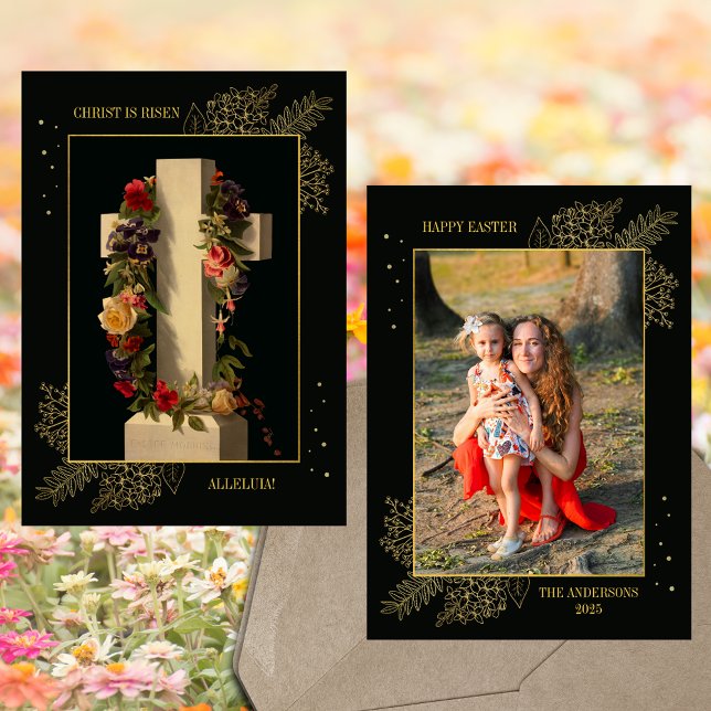Christian Jesus Floral Cross Family Photo Easter Holiday Card (Religious Christian Catholic Resurrection Christ is Risen Floral Cross Family Photo Easter Card)