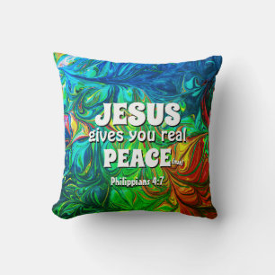 Christian JESUS GIVES REAL PEACE Abstract Cyan Cushion