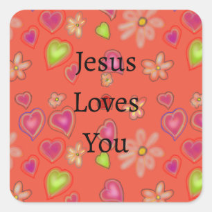 Christian Jesus Loves You Purple Green Hearts Square Sticker