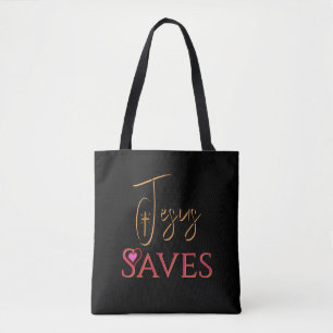 Christian Jesus Saves Cross Heart Tote Bag