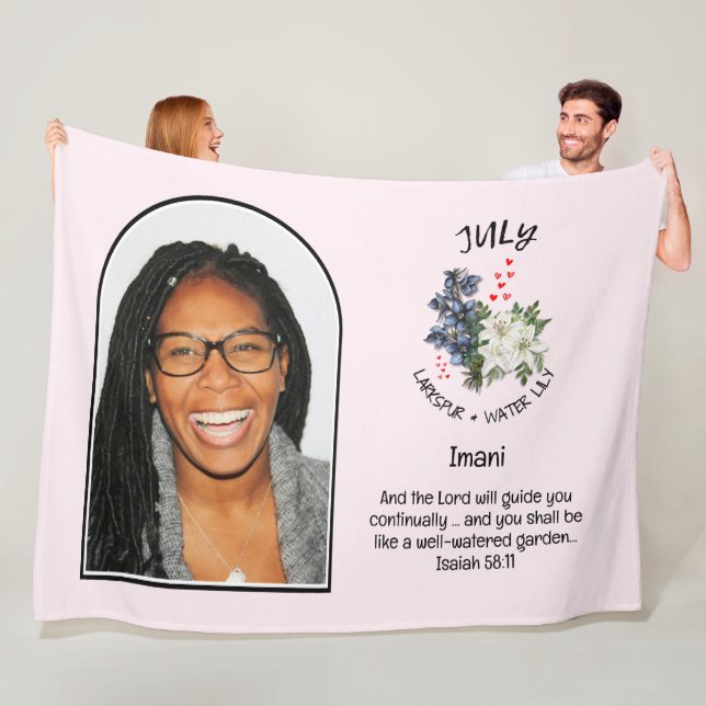Christian JULY Birth Month Flower NAME PHOTO Fleece Blanket (In Situ)
