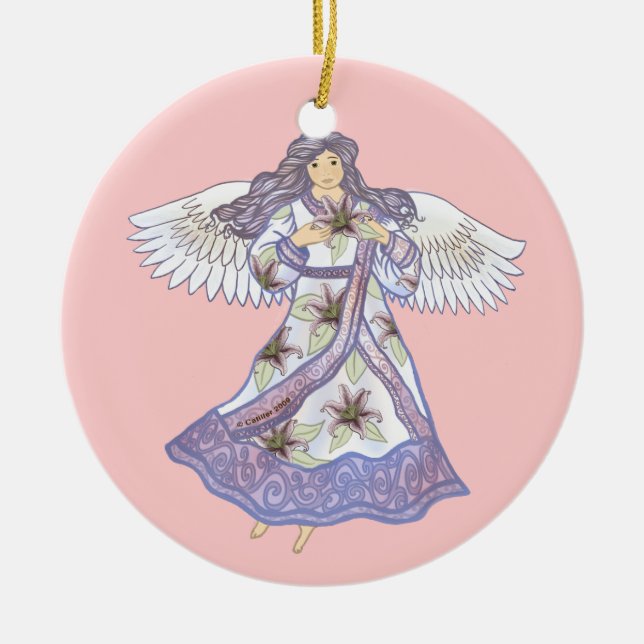 Christian lily flower angel ceramic tree decoration (Front)