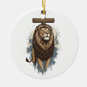 Christian Lion and Cross Vintage Ceramic Ornament