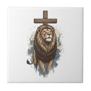 Christian Lion and Cross Vintage Ceramic Tile