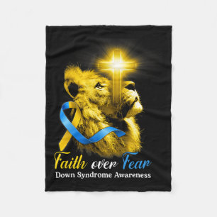 Christian Lion Cross Faith Over Fear Down Syndrome Fleece Blanket