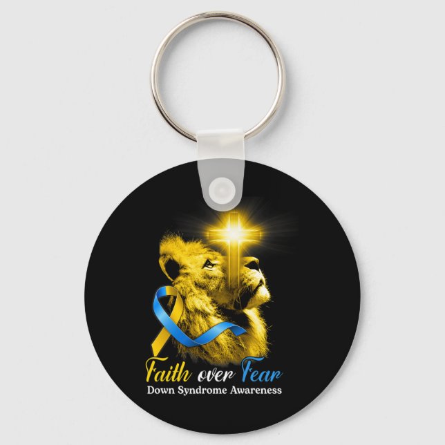Christian Lion Cross Faith Over Fear Down Syndrome Key Ring (Front)