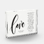 Christian Love is Patient Names Wedding date Photo Block<br><div class="desc">Personalise this modern and elegant 'Love" Script with the famous wedding  bible passage from Corinthians 13 Love is Patient,  Love is kind... 
Give a memorable,  thoughtful keepsake for the newlyweds with this custom photo block.</div>